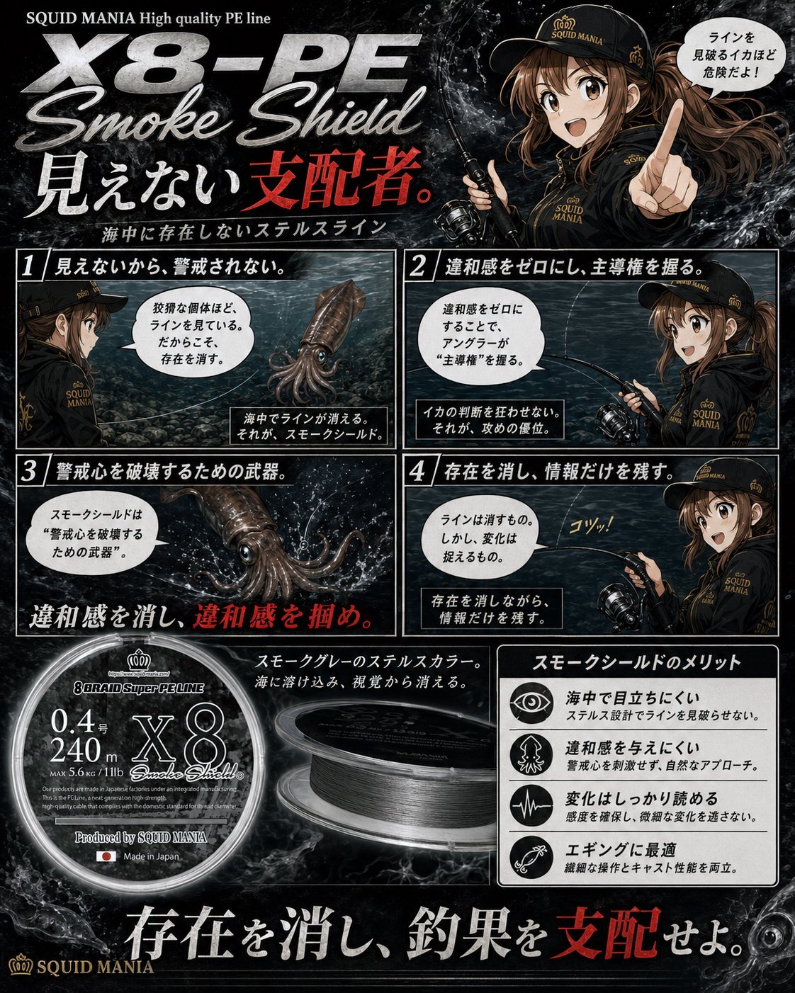 スクイッドマニア限定PE 0.3号X8 2セット スクマニ X8-PE SMOKE SHIELD 0.6-200m - エギングショップ SQUID MANIA
